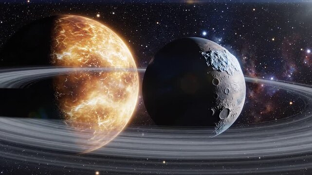 A vibrant simulation of planetary orbits featuring a glowing orange celestial body and a textured moon-like surface, surrounded by swirling rings