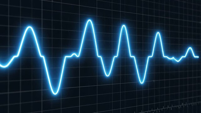 Detailed sound wave moving waveform displayed in vibrant blue against a dark grid background