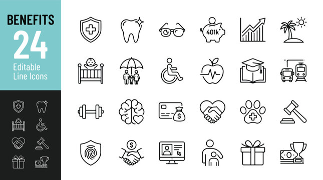 Employee benefits, insurance, and healthcare line icon set. Dental, retirement, 401k, vacation, childcare, fitness, mental health, legal, education minimal vector. Simple outline signs. 48x48.