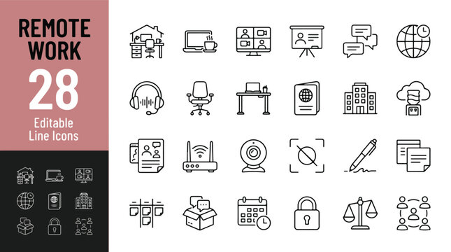 Remote work and home office line icon set. Video conference, webinar, telecommuting, digital nomad, hybrid workspace, internet connection minimal vector illustration. Simple outline signs. Editable St