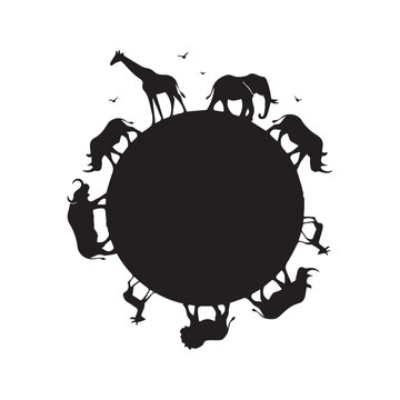 African safari animal silhouettes walking around a black circle globe vector
