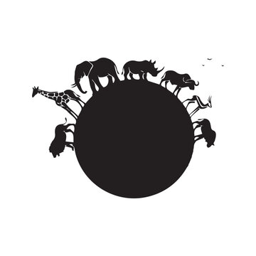 African safari animal silhouettes walking around a black circle globe vector
