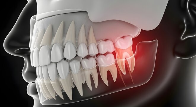 Xray profile of a skull with an impacted molar. Orthodontics and surgical extraction. Translucent jaw model highlighting a red painful wisdom tooth