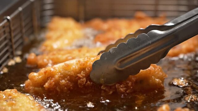 Close-up of crispy fried banana being flipped with tongs in hot oil, showcasing golden texture and bubbling surface