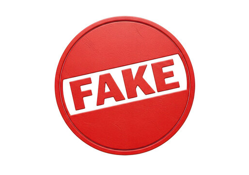 Red circular stamp featuring the word fake in bold capital letters with a matte texture and embossed effect isolated on a transparent background