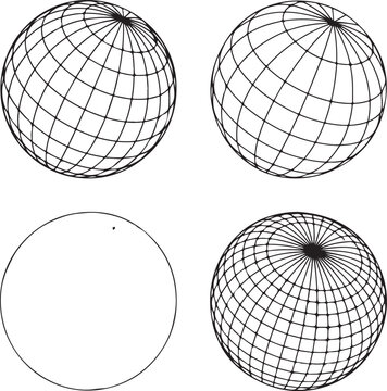 Set of four black and white line of spherical globes with grid lines and one empty circle on a white background