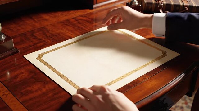 Elegant hands positioning a blank certificate paper featuring a gold border on a polished wooden desk