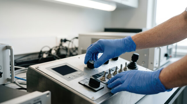 Gloved hands operating controls on a scientific machine. Technician in blue nitrile gloves adjusting dials on a metal control panel