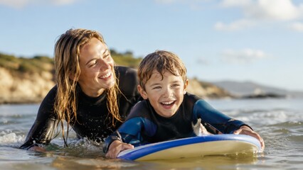 Fototapeta premium A sport trainer and a young boy enjoy a fun moment together in the ocean water, lying on a surfboard and soaking up the sun.