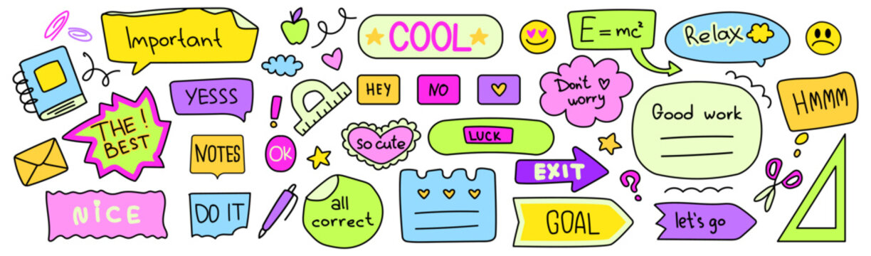 Cute school stationery icons and stickers set on notebook background. Contemporary vector illustration of colorful speech clouds with motivation text and study essentials, education collage elements