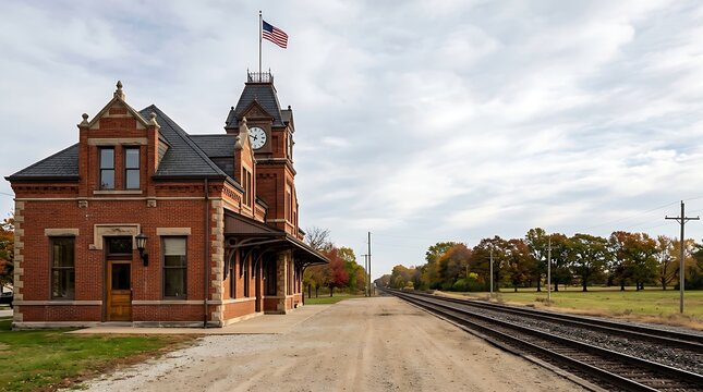 Historic brick train station with clock tower by railroad tracks