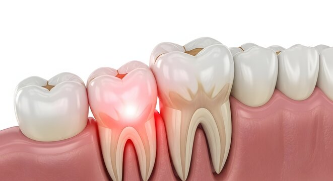 Human teeth with glowing red infected root. Toothache pain and pulpitis medical concept. Cross section of diseased molar inside pink gum tissue