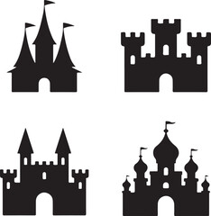 Fototapeta premium Set of four black silhouette of different medieval castles with towers, flags, and arched gates on a plain white background for
