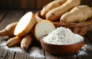 Fototapeta premium Heap of white tapioca flour in bowl next to cut cassava root on rustic table. Whole cassava tubers in basket in background. Organic ingredient for cooking and baking.