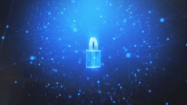 Animation of glowing blue padlock icons with binary code
