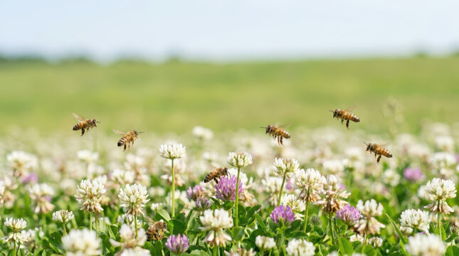 Honeybees flying over a field of blooming white and purple clover. Multiple bees pollinating wildflowers in a green meadow on a sunny day