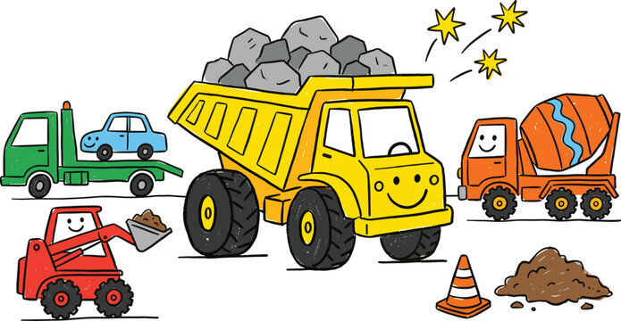 Cute construction trucks vector illustration set featuring cartoon yellow dump truck cement mixer tow truck skid steer loader cone and rock elements.