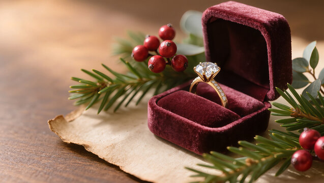 Premium engagement ring in burgundy velvet box with pine and berries, elegant christmas proposal detail, editorial wedding photography with copy space