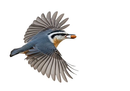 Red-breasted nuthatch in flight carrying a small seed in its beak with wings fully spread and feathers detailed isolated on a transparent background