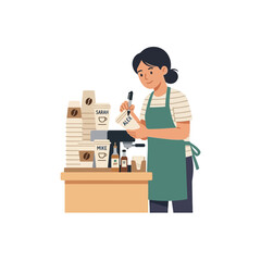 Fototapeta premium Barista preparing coffee order with names on cups