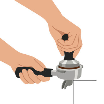 Hands tamping espresso coffee grounds in portafilter