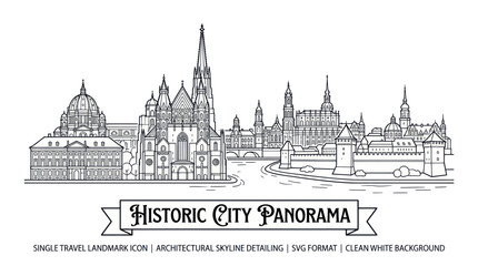 Fototapeta premium Historic City Panorama Skyline Line Drawing | Architectural Landmarks Vector
