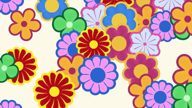 Cute Groovy Flower Animation, Dense Overlapping Floral Seamless Loop Background, Retro Y2K Pop Art. Motion Graphic of Packed Colorfu Vibrant Flat Flowers, Trendy Maximalist Floral Screen Backdrop.