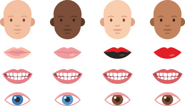 Vector avatar constructor kit with diverse skin tones faces smiles teeth eyes and lips isolated on white background
