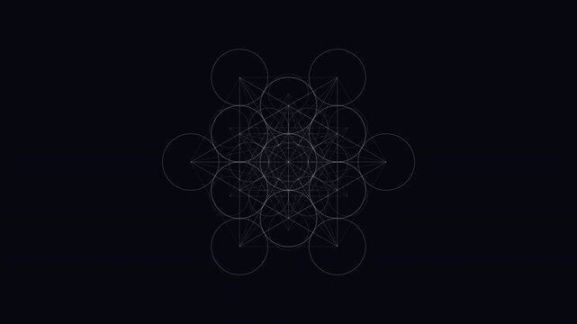 Seamless 4K loop of a glowing iridescent metatron cube sacred-geometry pattern breathing in radial symmetry with cinematic depth. Ideal for sound bath, yoga studio. 4K UHD.