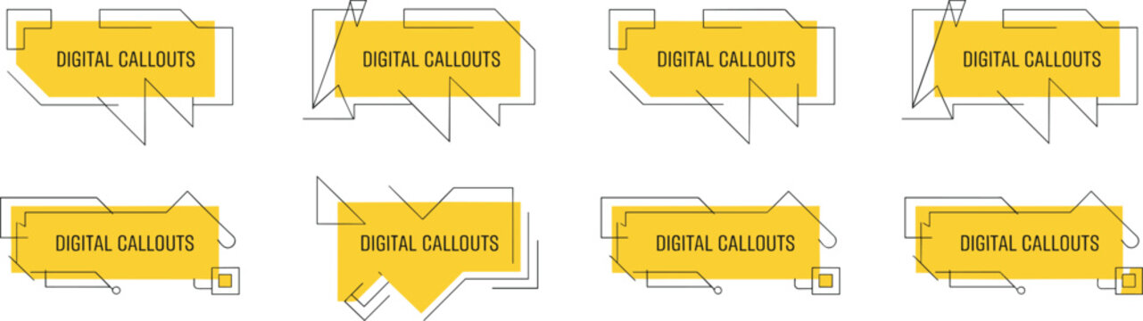 Digital callouts geometric line badges, yellow tech infobox banner shapes for futuristic presentation, corporate interface, layout design, and lower thirds