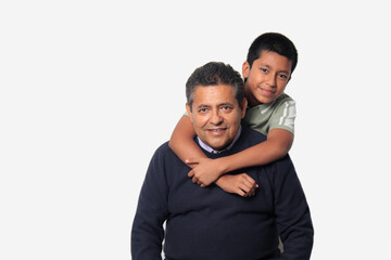 Fototapeta premium Latino single dad and his 12-year-old Latino son show their love to celebrate Father's Day
