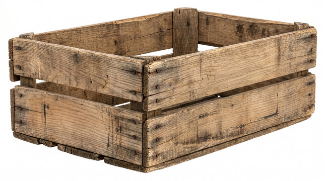 Empty rustic weathered wooden fruit crate slatted box isolated on white background cutout.