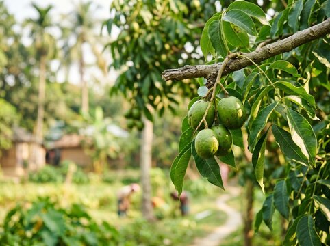 Bangladeshi Amra Branch with Green Hog Plums in Soft Orchard Bokeh