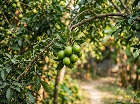 Bangladeshi Amra Branch with Green Hog Plums in Soft Orchard Bokeh