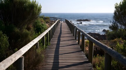 Fototapeta premium A long wooden walkway stretches along the coastline offering a scenic view of the ocean and lush vegetation under bright sunlight