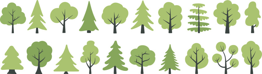 Green forest tree assortment icons, deciduous and coniferous pine wood collection, environment nature park flat illustration © MstTanzina