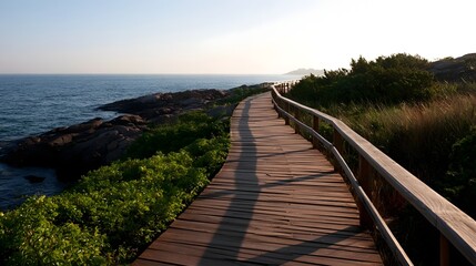 Fototapeta premium A wooden walkway runs along a lush green shore offering a scenic view of the ocean under bright daylight