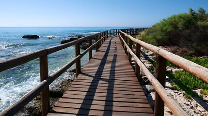 Fototapeta premium A long wooden walkway stretches along the coastline offering a scenic and tranquil view of the open sea under bright sunlight