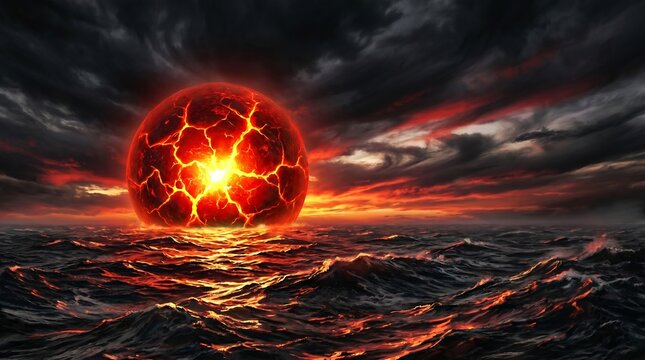 Glowing red planet explodes in fiery ocean sunset with dark stormy clouds