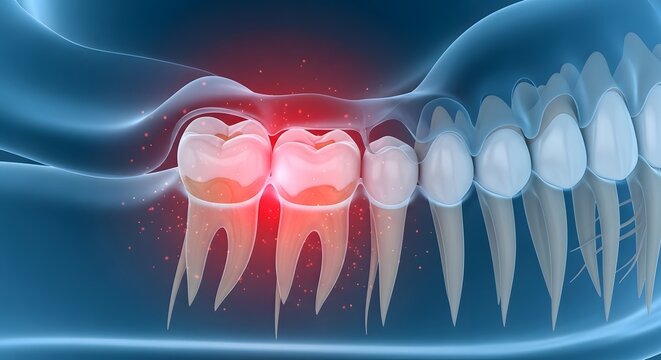 Transparent blue jaw xray. Dental diagnostics and localized molar pain. Bright red glowing inflamed tooth standing out in a digital scan.