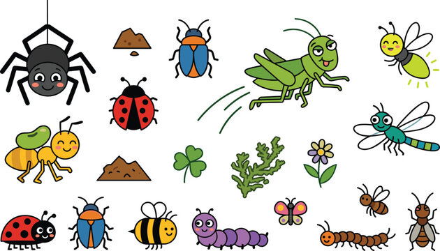 Cute garden insects and bugs vector illustration bundle featuring cartoon spider grasshopper dragonfly firefly ladybug ant bee caterpillar and little colorful beetles.