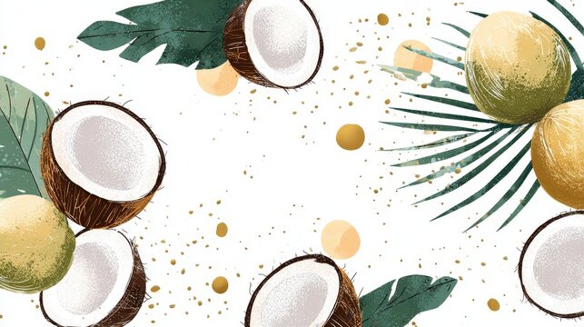 58.Creative doodle vector border with coconut motifs, hand drawn textures, abstract decorative elements, fresh tropical illustration style