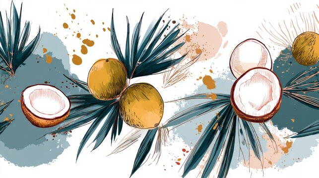 58.Creative doodle vector border with coconut motifs, hand drawn textures, abstract decorative elements, fresh tropical illustration style