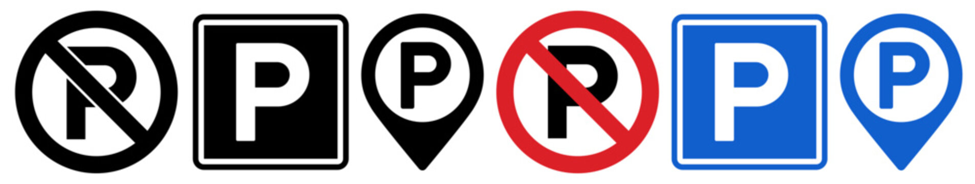 No parking, parking sign and parking map pin. Parking ban, parking location pin. GPS parking location symbol for apps and websites
