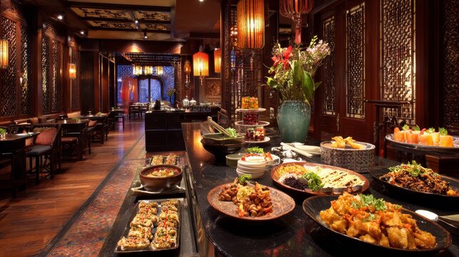 62.High end culinary photography showing exquisite Chinese cuisine served in an elegant restaurant interior, rich textures, soft lighting, premium dining experience