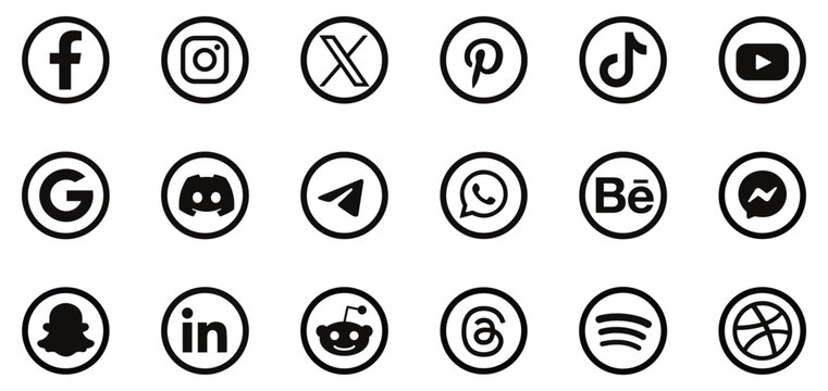 Popular Social Media Network Outline Icons Collection 2026. Facebook, Instagram, Twitter X, YouTube, LinkedIn, WhatsApp, Telegram and TikTok. Black Line Vector App Logo Set