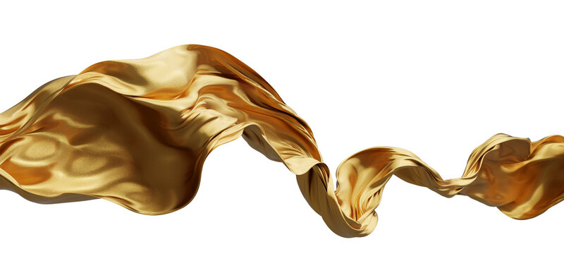 Luxury gold fabric ribbon flowing on transparent background with copy space 3D render
