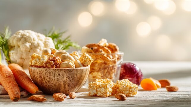 68.Conceptual food advertising image with healthy ingredients and processed snacks displayed together, soft lighting, light background, dietary awareness theme