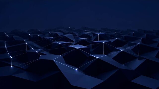 Corporate blue background abstract low poly network glowing connection points dark futuristic data landscape blue corporate background abstract polygon landscape with glowing network line dark blue