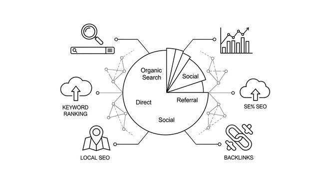 Seo strategy concept with various digital marketing channels and techniques explained in a circular diagram